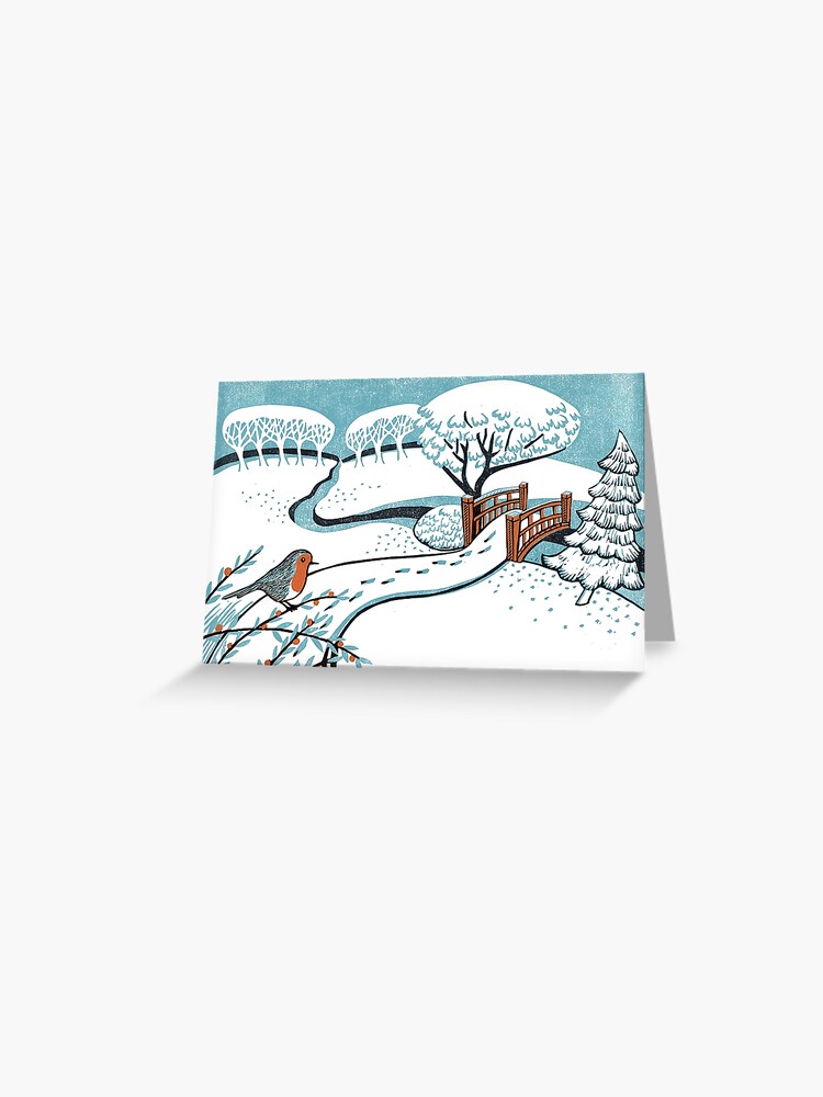 Thumbnail 1 of 2, Greeting Card, Snow, Bournemouth Gardens - linocut by Francesca Whetnall designed and sold by Cecca-Designs.