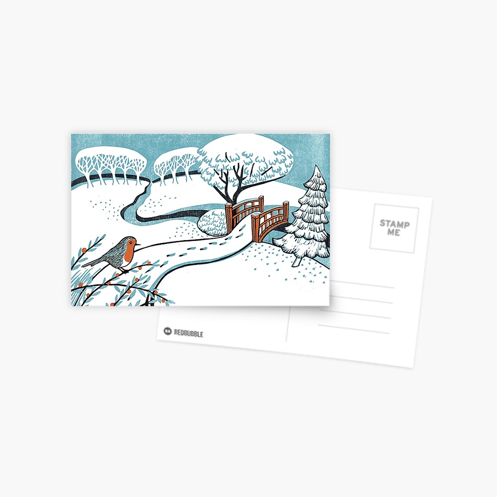 Snow, Bournemouth Gardens - Original linocut by Francesca Whetnall Postcard