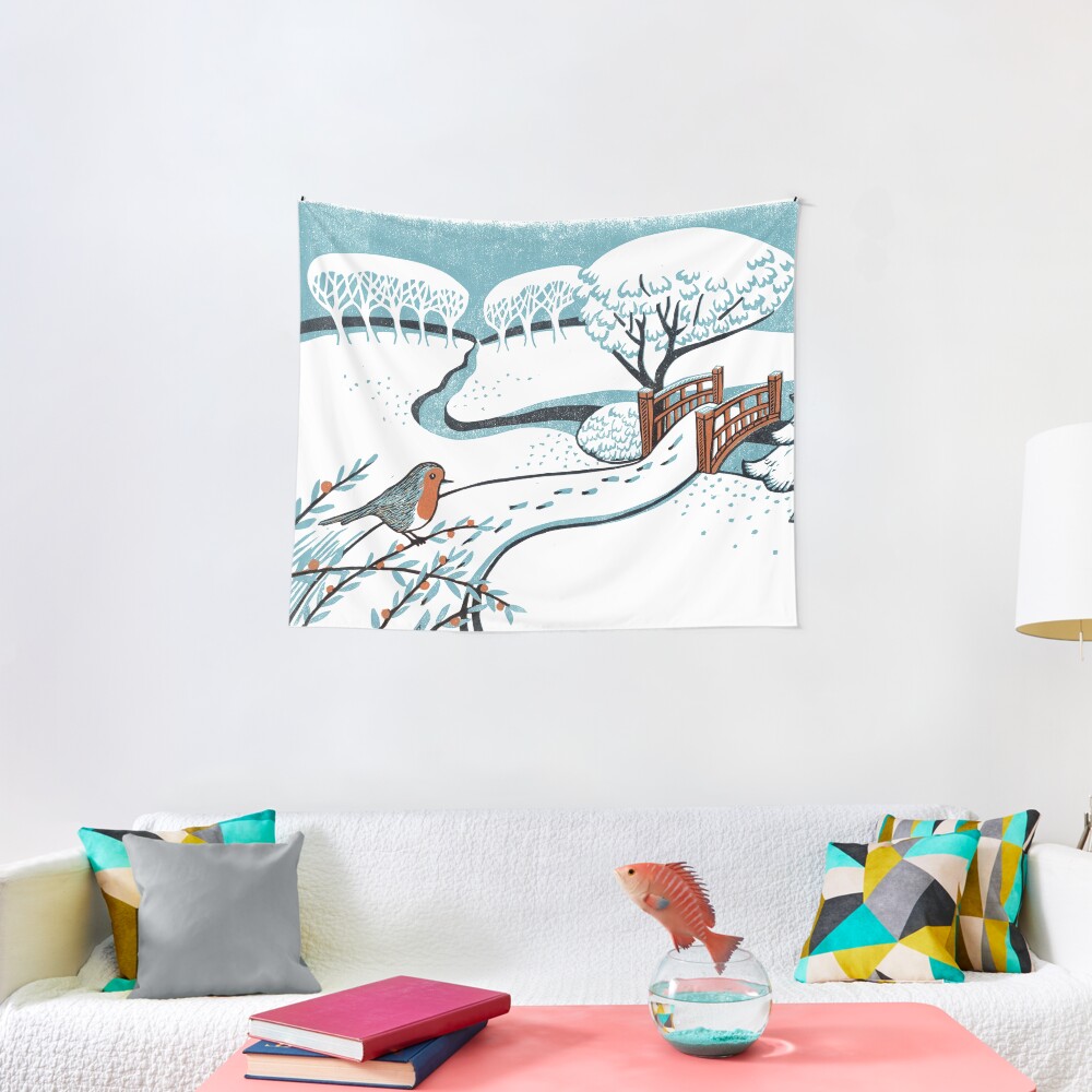 Snow, Bournemouth Gardens - Original linocut by Francesca Whetnall Tapestry