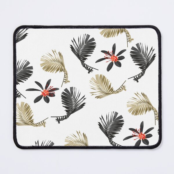Golden Decorative Tropical Palm Leaves and Flowers Pattern Mouse Pad