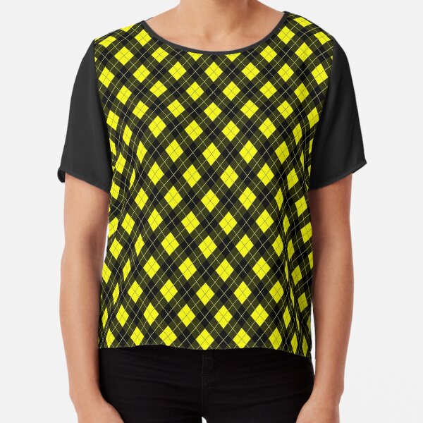 Modern Bright Neon Yellow Argyle Clan Check Pattern Chiffon Top