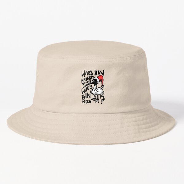 Christmas Bin Chicken T Shirt - Australian Bin Chicken Christmas Themed Tee with quote "Who's Bin Naughty" featuring an Aussie Ibis bird! Bucket Hat