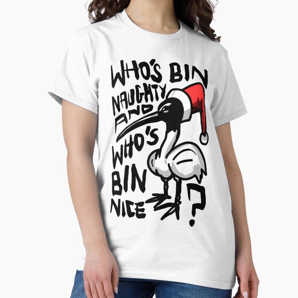 Item preview, Christmas Bin Chicken T Shirt - Australian Bin Chicken Christmas Themed Tee with quote "Who's Bin Naughty" featuring an Aussie Ibis bird! designed and sold by sketchNkustom.