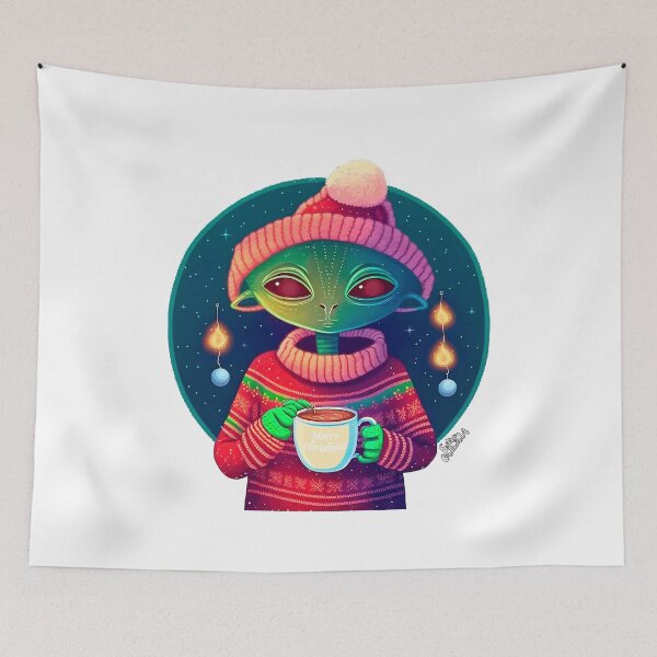 Item preview, Christmas Funny Alien Drinking Coffee Wearing Sweater designed and sold by extraordinar-ia.