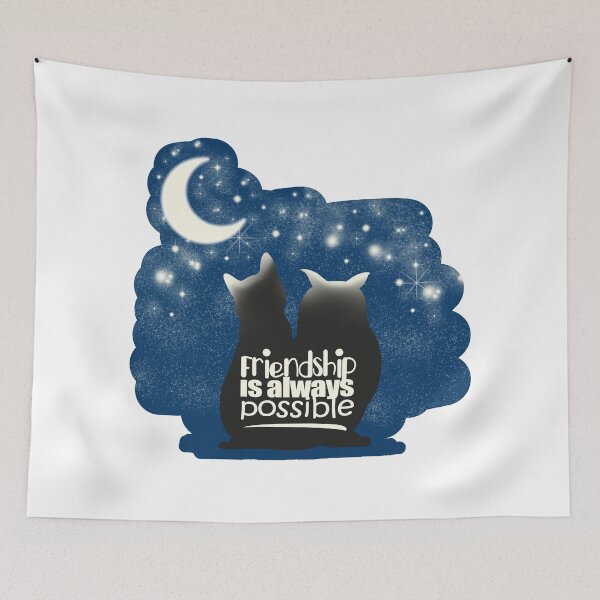 Item preview, Friendship is always possible. A cat and an owl look moon and stars in the night. designed and sold by PerlaDesignArt.