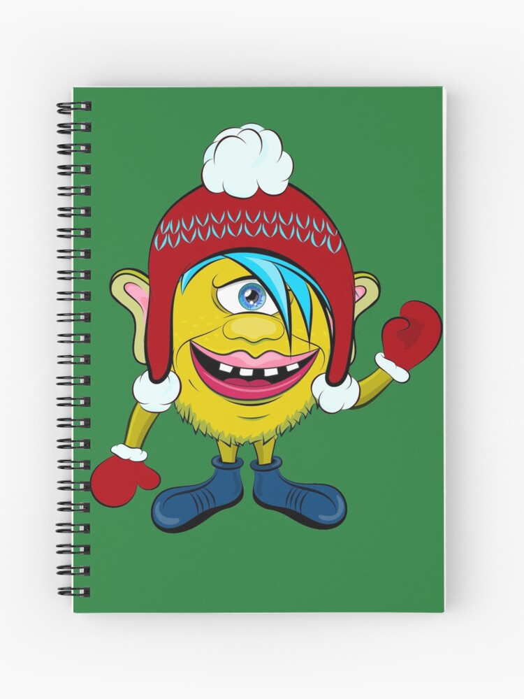 Yellow monster with a smile, blue bangs, one blue eye, a red winter cap and  mittens. Cartoon flat style vector illustration. Spiral Notebook for Sale  by Skaska