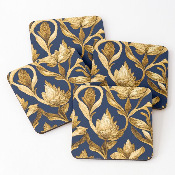 Item preview, Golden flowers on dark blue background pattern designed and sold by justinasv775.