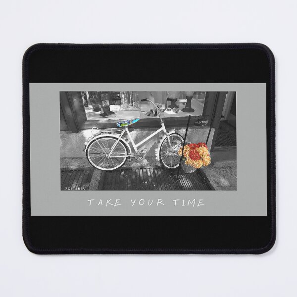Item preview, TAKE YOUR TIME Poster with a photo of a bicycle in black and white with colorful accents designed and sold by Posteria.