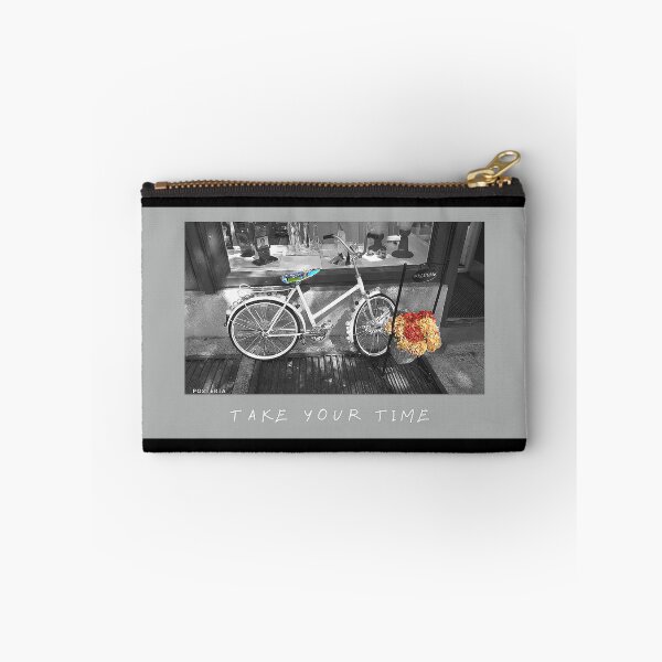 Item preview, TAKE YOUR TIME Poster with a photo of a bicycle in black and white with colorful accents designed and sold by Posteria.