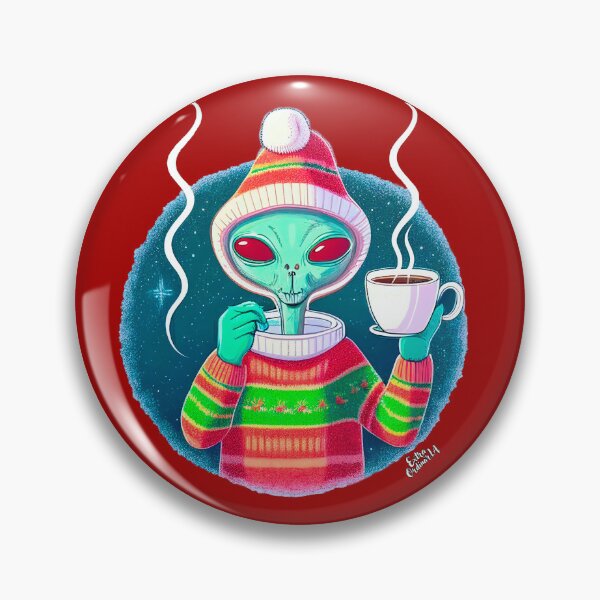 Artikelvorschau, Weihnachtslustiger Alien, der Kaffee trinkt und einen Pullover trägt entworfen und verkauft von extraordinar-ia.