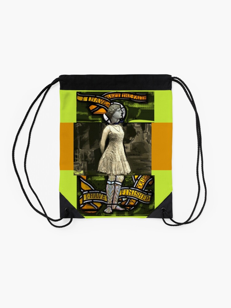 Alternate view of I have kept the faith stained glass painting Drawstring Bag