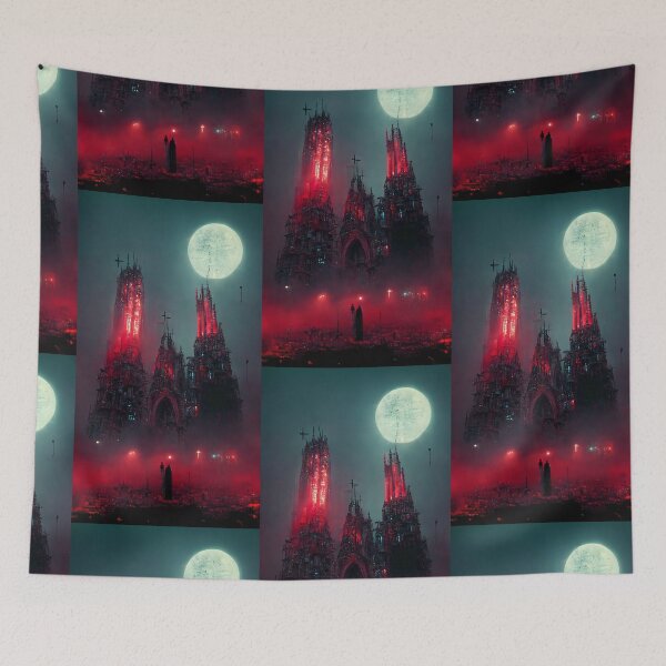 Item preview, Gothic cathedral red neon, white moon, night  designed and sold by breaker160.