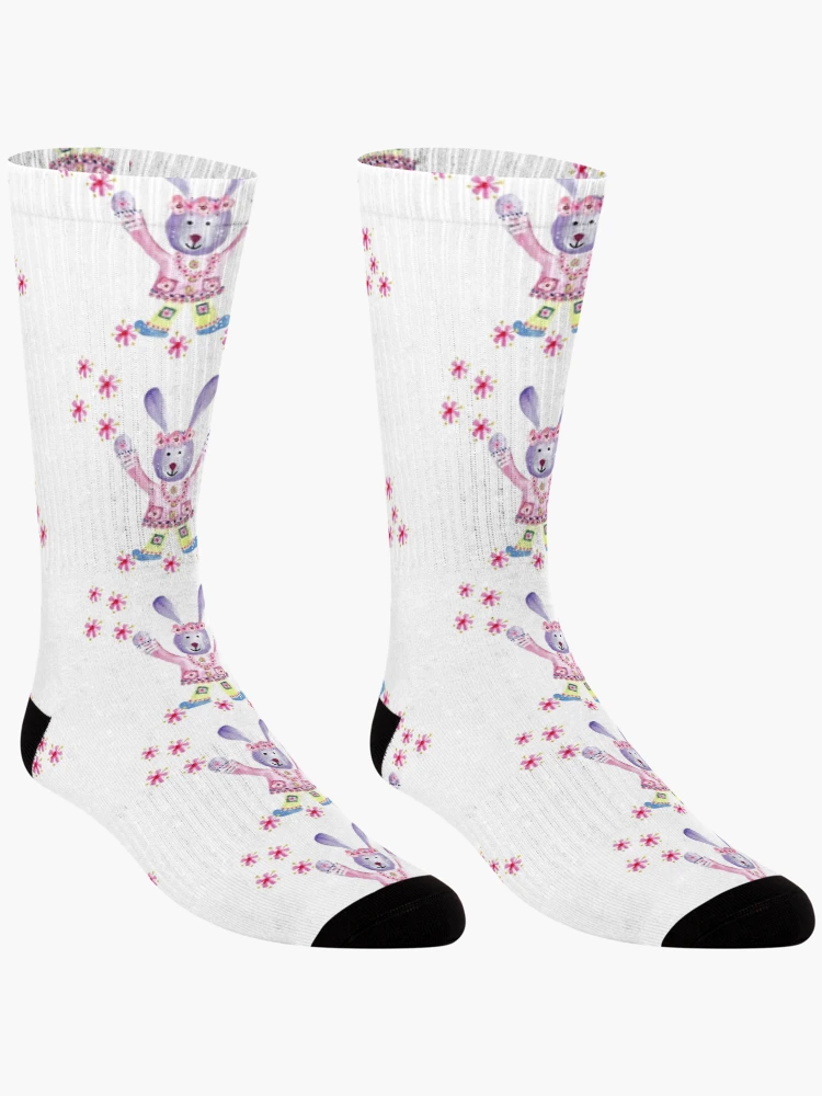 Thumbnail 3 of 5, Socks, Lilac Rabbit Playful Spring Rabbit With Blossom designed and sold by DefaultOneWorld.