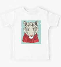 Merry Christmas New Year's card design Tiger head in a red knitted sweater and a scarf. Sketch drawing. Black contour on a blue background Kids Tee