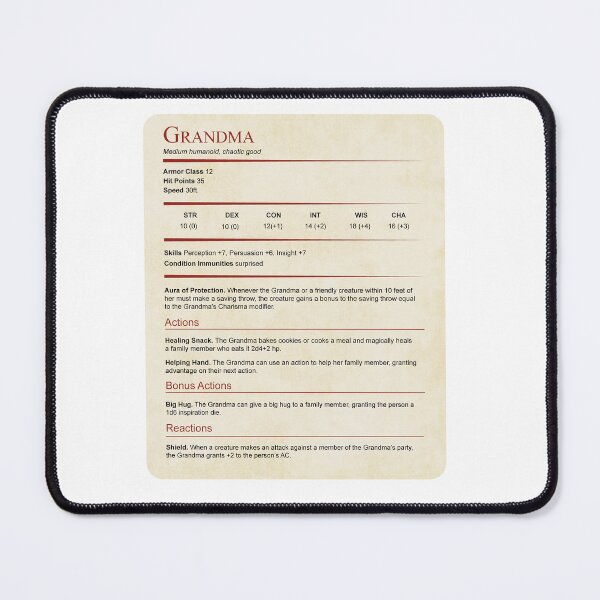 Item preview, D&D Grandma Stat Block Gift designed and sold by sunburstrpg.