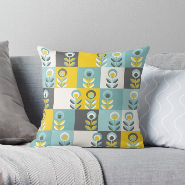 Scandinavian flowers 02, yellow-gray-teal, retro pattern Throw Pillow