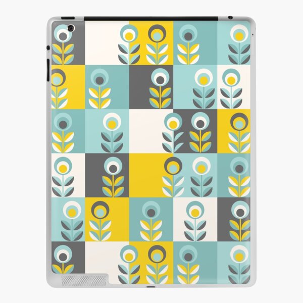 Scandinavian flowers 02, yellow-gray-teal, retro pattern iPad Skin