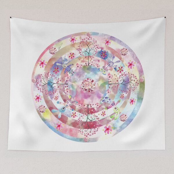 Item preview, Cherry Blossom Tree and Rabbits Mandala.   Watercolour Collage designed and sold by DefaultOneWorld.