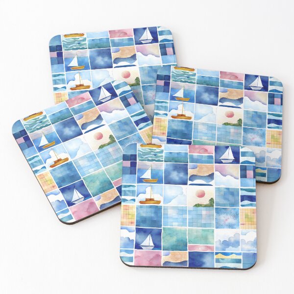 Item preview, Watercolor Patchwork Quilt Design Sea Ocean Beach Boats designed and sold by ClairesPatterns.