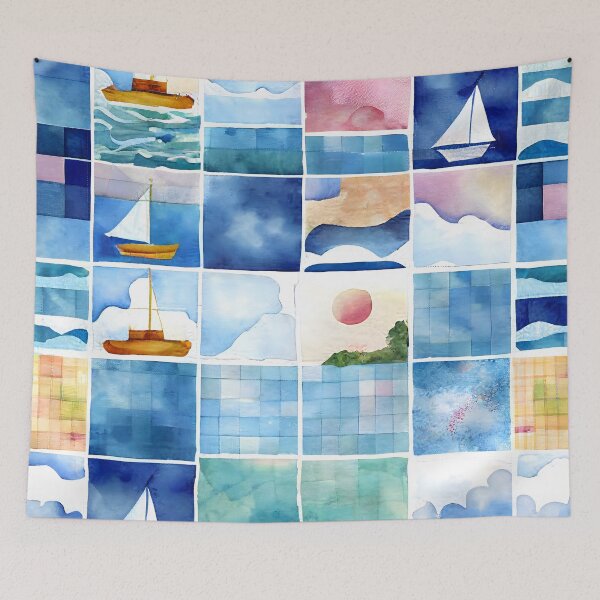 Item preview, Watercolor Patchwork Quilt Design Sea Ocean Beach Boats designed and sold by ClairesPatterns.