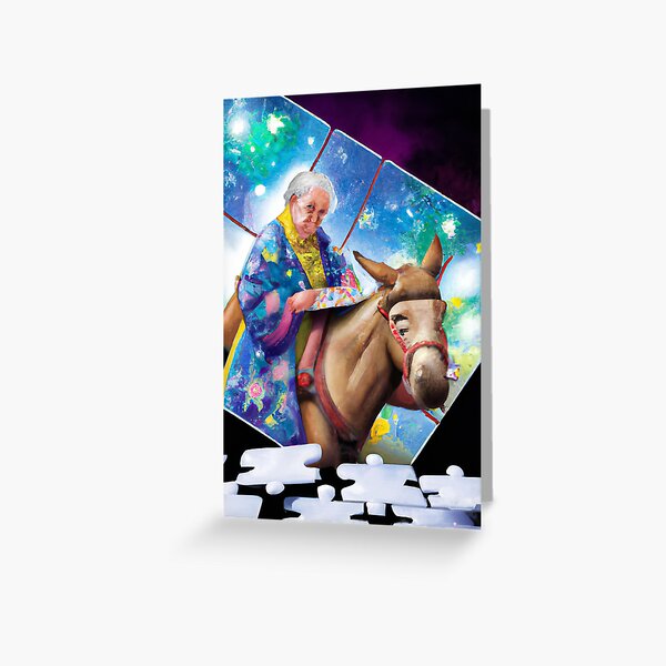 Old Lady in kimono riding a donkey greeting card Greeting Card