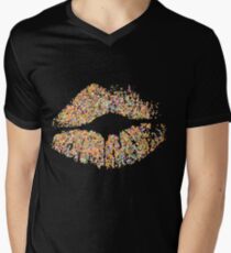 Stylish Multicolor Grit Glitter Lips Men's V-Neck T-Shirt