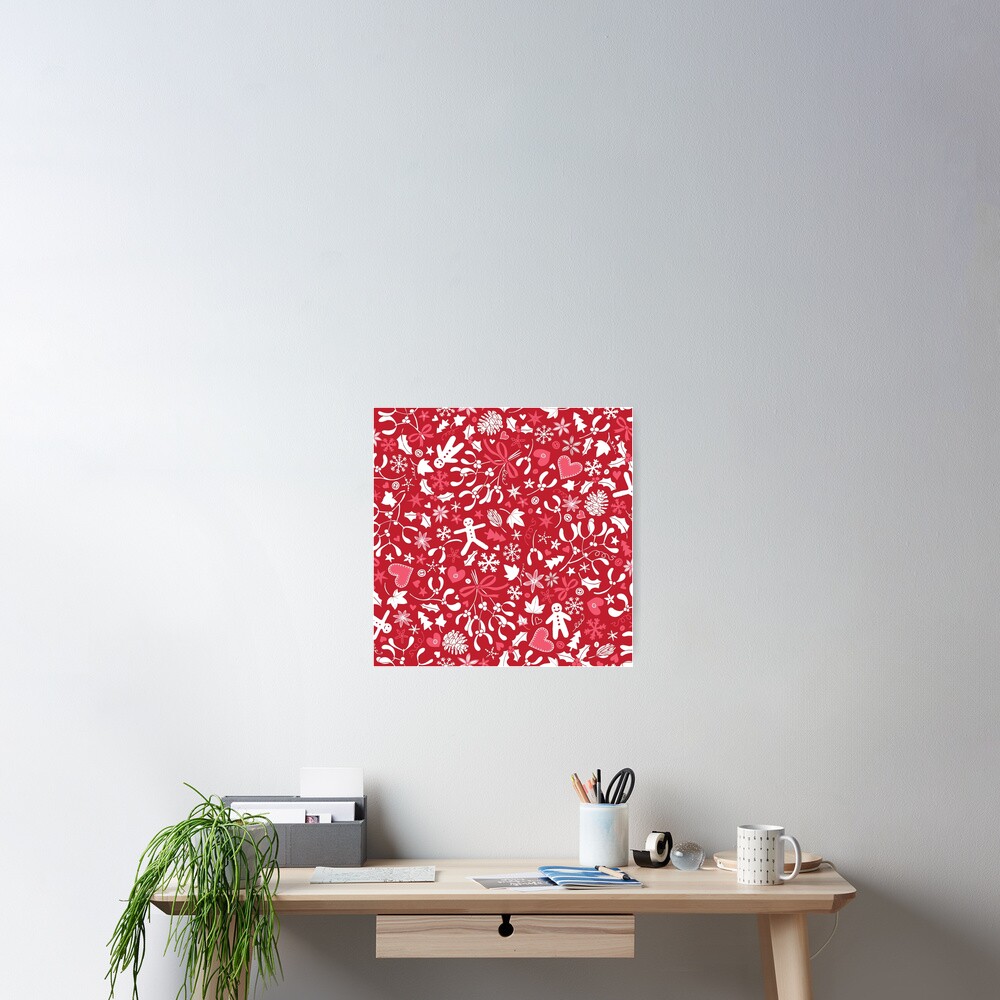 Mistletoe and Gingerbread Ditsy - Red, white and pink - Christmas pattern by Cecca Designs Poster