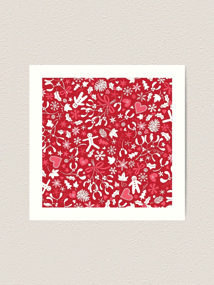Alternate view of Mistletoe and Gingerbread Ditsy - Red, white and pink - Christmas pattern by Cecca Designs Art Print
