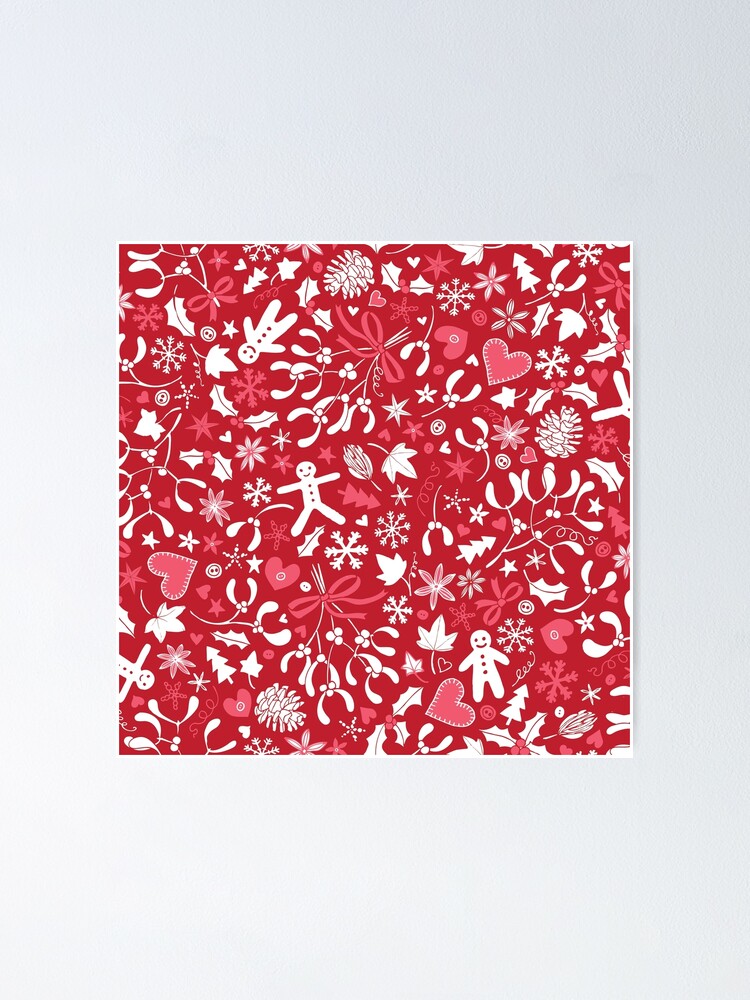 Alternate view of Mistletoe and Gingerbread Ditsy - Red, white and pink - Christmas pattern by Cecca Designs Poster