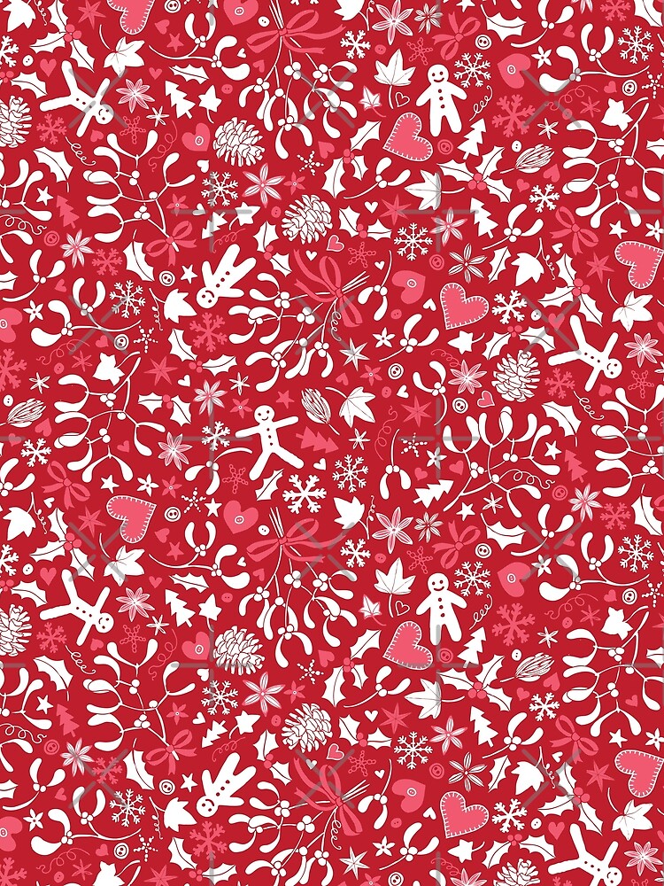 Mistletoe and Gingerbread Ditsy - Red, white and pink - Christmas pattern by Cecca Designs by Cecca-Designs