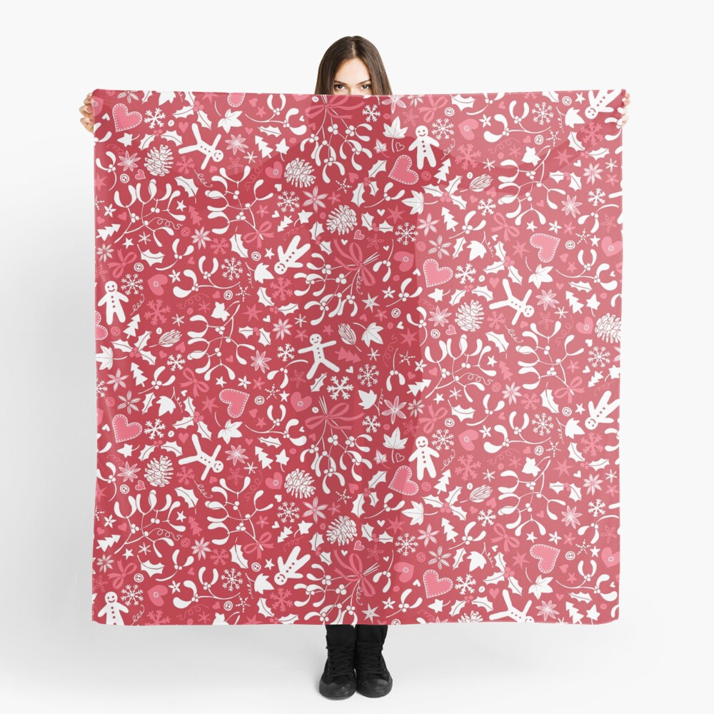 Mistletoe and Gingerbread Ditsy - Red, white and pink - Christmas pattern by Cecca Designs Scarf