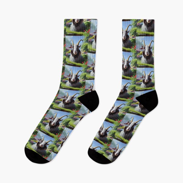 Item preview, Smiling Billy Goat in a Field of Grass and Botanical Flowers with Blue Sky designed and sold by deniselynnimage.