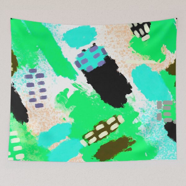 Item preview, Blue, Green, White, Neon Tones and Orange Brushstrokes of Paint Pattern, Squares - Modern Art designed and sold by theprintedclub.