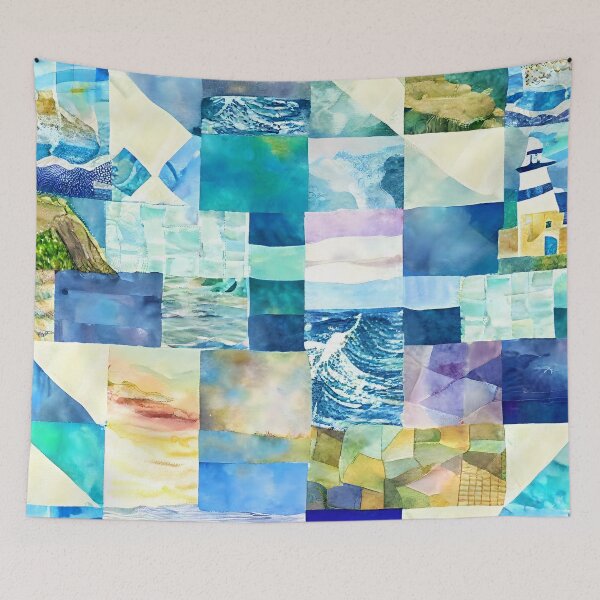 Item preview, Watercolor Patchwork Quilt Design Sea Ocean Beach Lighthouse designed and sold by ClairesPatterns.