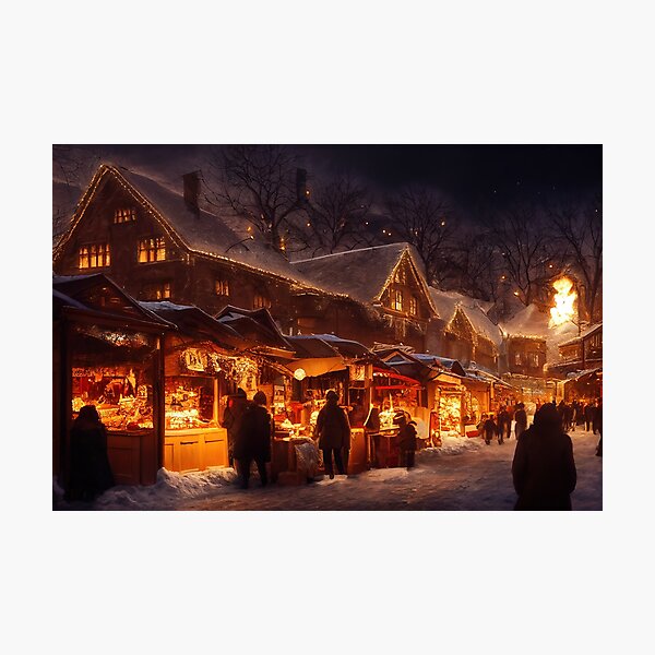 Traditional Christmas market huts at night in winter Photographic Print