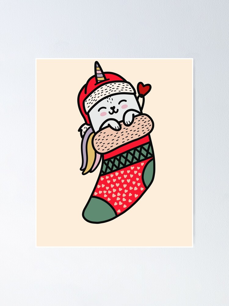 Cute Kawaii Caticorn Cat Unicorn In Christmas Sock Xmas Pajama Poster for  Sale by JokeGysen