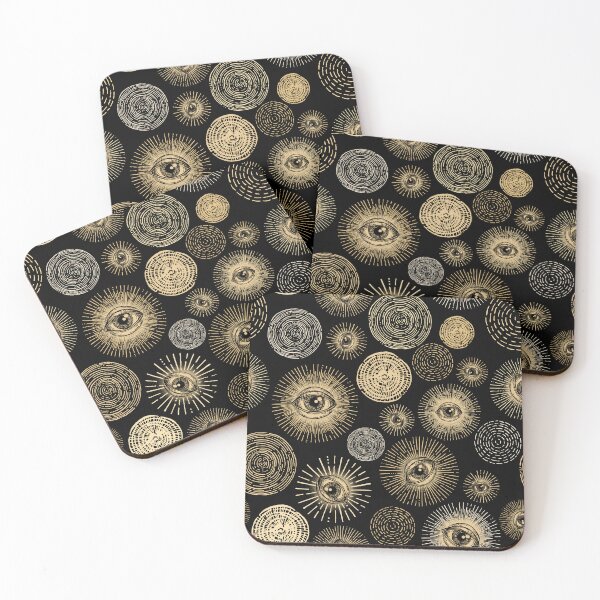 Item preview, Abstract occult eye and sun pattern in black and gold designed and sold by RedFinchDesigns.