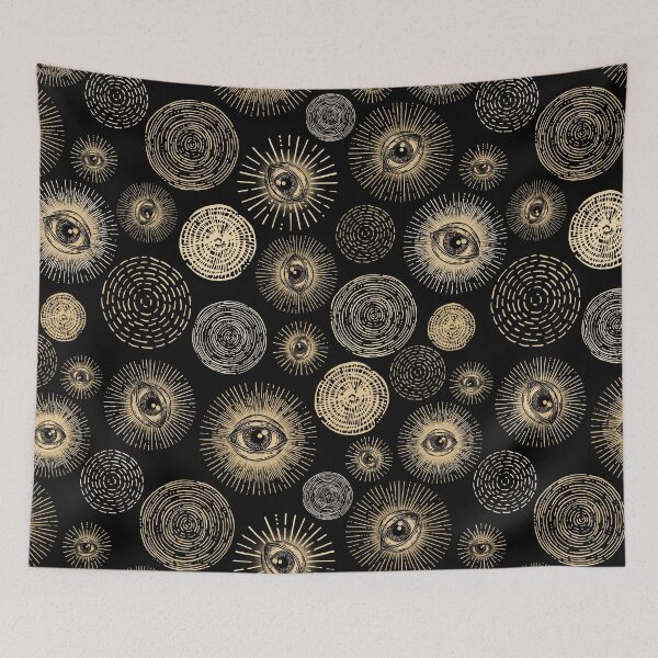 Item preview, Abstract occult eye and sun pattern in black and gold designed and sold by RedFinchDesigns.