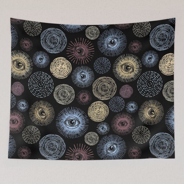 Item preview, Abstract occult eye and sun pattern in black, gold, burgundy, and cobalt designed and sold by RedFinchDesigns.