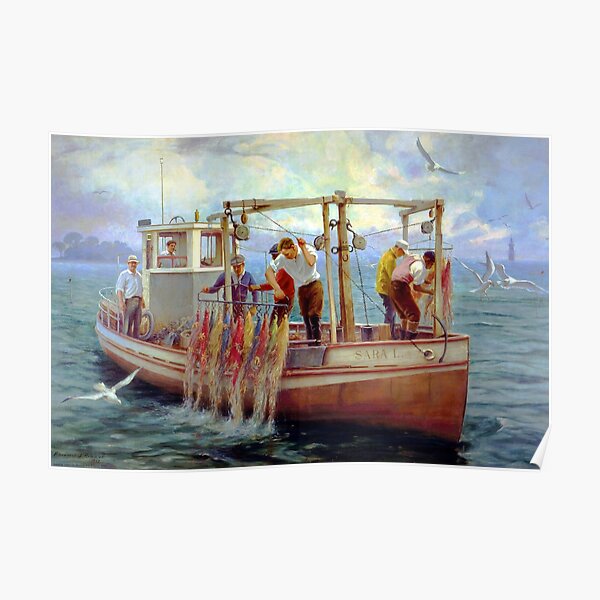 "Fishermen mopping and fishing for starfish nautical maritime seascape