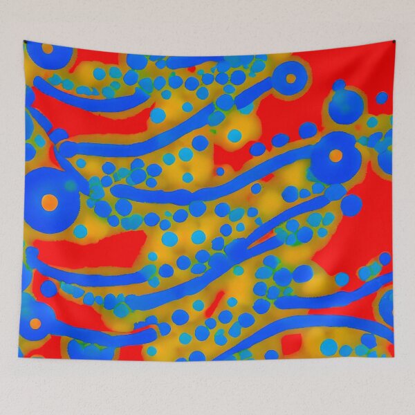Item preview, blue and yellow bubbles on a red background designed and sold by The boys.
