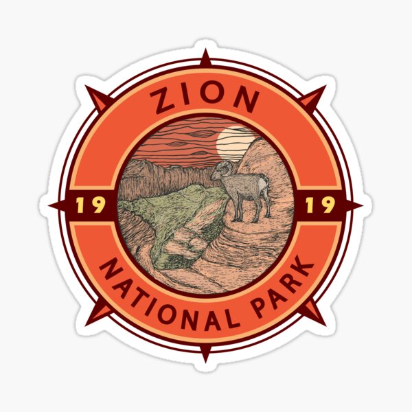 Vista previa del artículo con la obra «Emblema de brújula retro del borrego cimarrón del Parque Nacional Zion», diseñado y vendido por KrisSidDesigns.