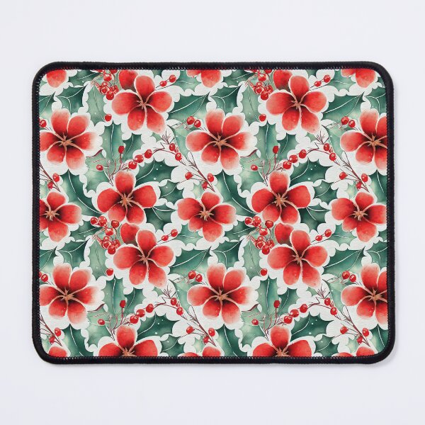Item preview, Christmas Red and Green Flowers with Holly Design on White Background designed and sold by VintageFlorals.