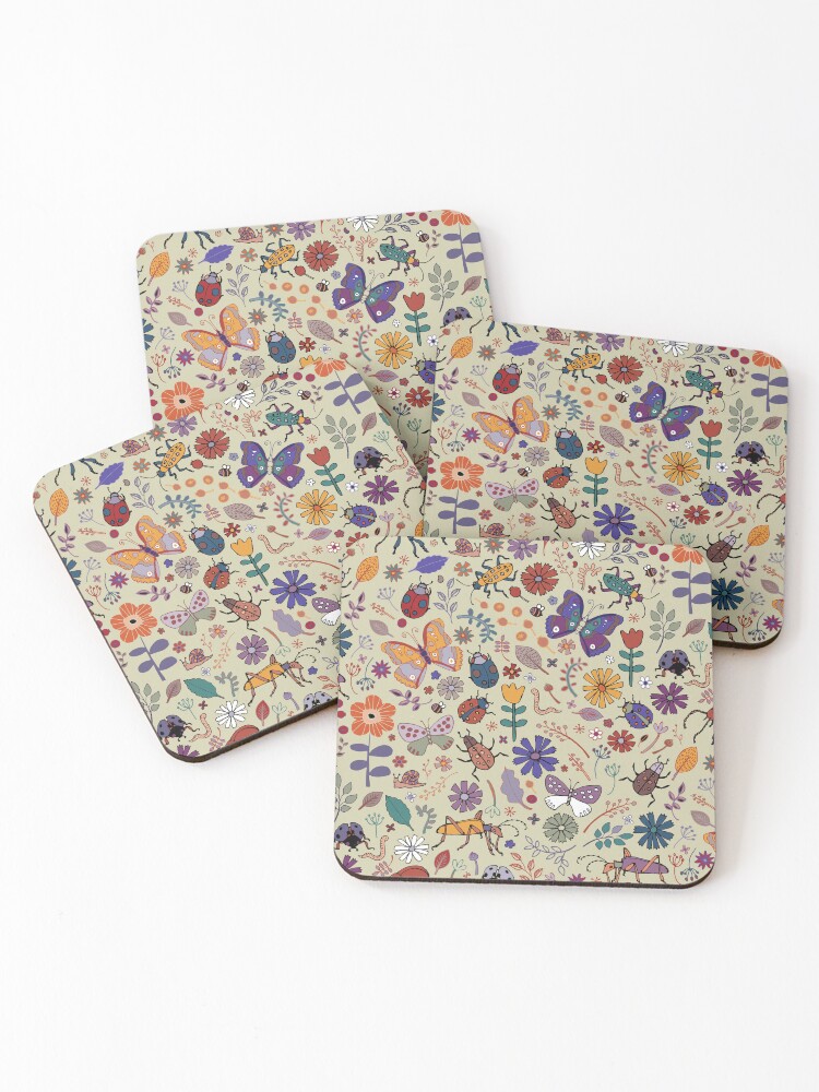 Thumbnail 1 of 5, Coasters (Set of 4), Butterflies, Beetles and blooms - taupe - pretty floral pattern by Cecca Designs designed and sold by Cecca-Designs.