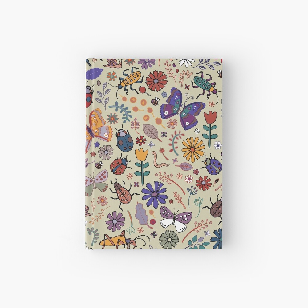 Butterflies, Beetles and blooms - taupe - pretty floral pattern by Cecca Designs Hardcover Journal