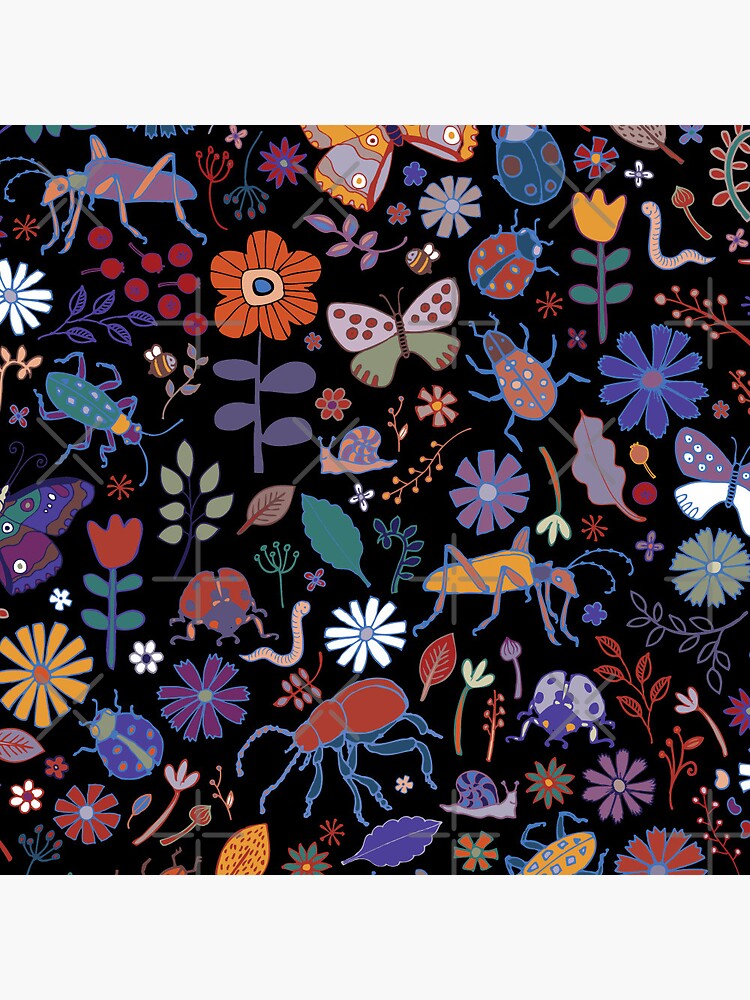 Thumbnail 3 of 3, Pin, Butterflies, beetles and blooms - black - pretty floral pattern by Cecca Designs designed and sold by Cecca-Designs.