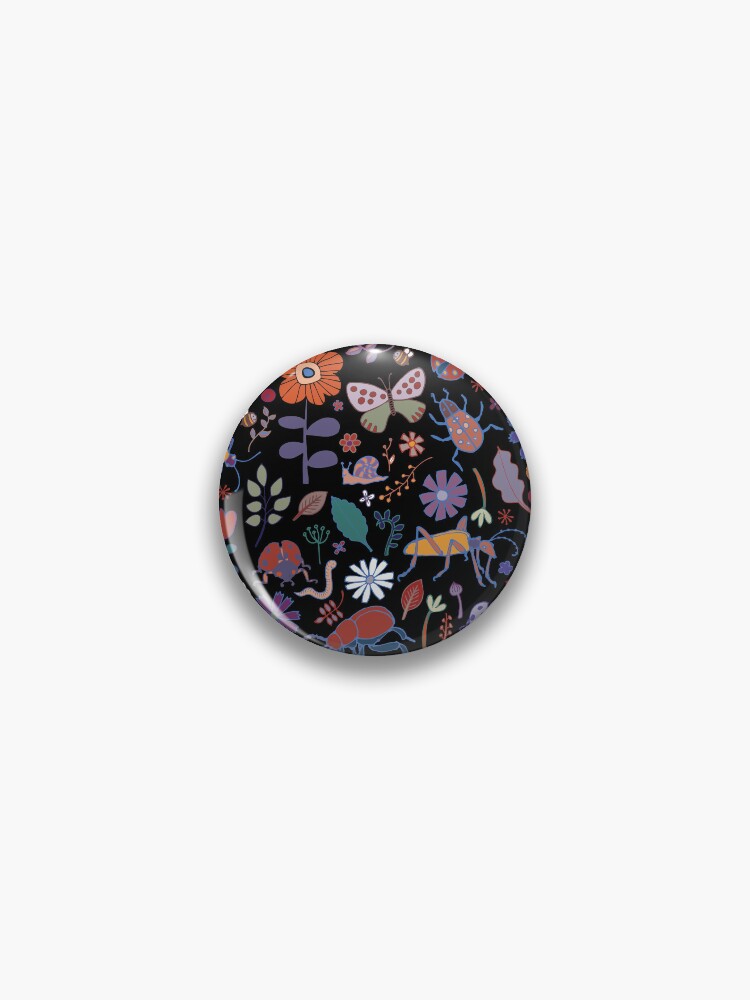 Thumbnail 1 of 3, Pin, Butterflies, beetles and blooms - black - pretty floral pattern by Cecca Designs designed and sold by Cecca-Designs.