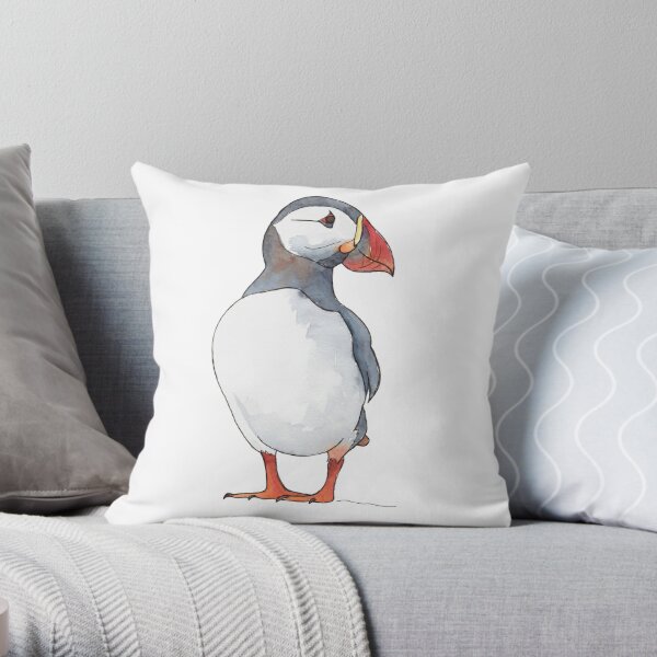 Little puffin friend - illustration in pen and watercolors Throw Pillow
