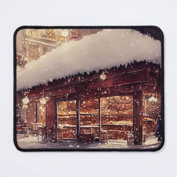 Item preview, Outside of bakery in winter during Christmas watercolour illustration designed and sold by justinasv775.