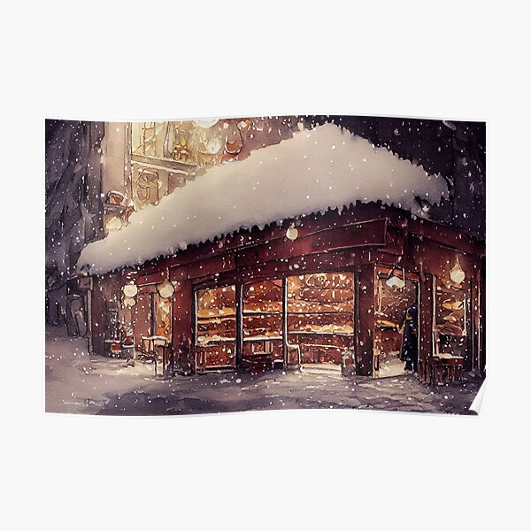 Außerhalb der Bäckerei im Winter während der Weihnachtsaquarellillustration Poster